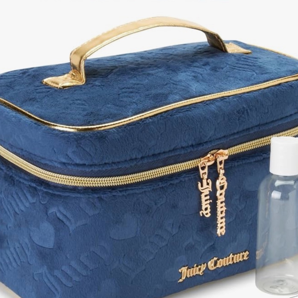 Juicy Couture Navy Velour Juicy and Love Pattern Makeup Train Case